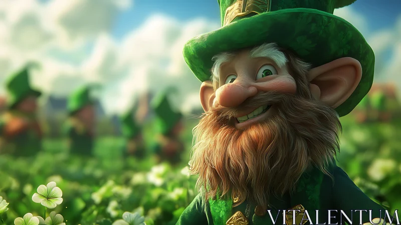 3D leprechaun character stands in clover field foreground