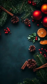 Flat lay of Christmas botanicals on dark teal textured surface