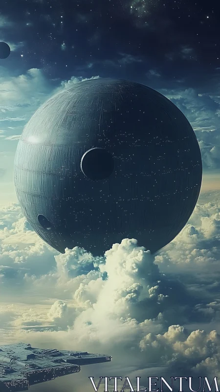 Giant metallic sphere hovers above dense cloud layer in sky