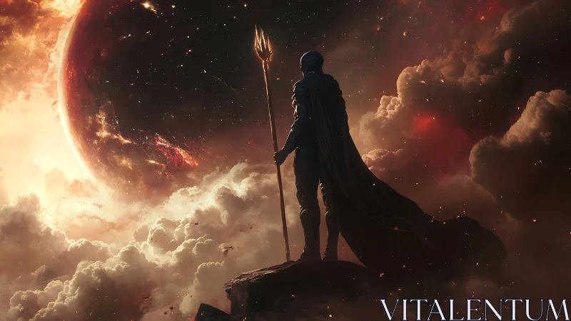 Planetary sentinel with trident observing cataclysmic eclipse.