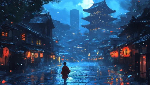 Child in red crossing rainy lantern street under temple moon