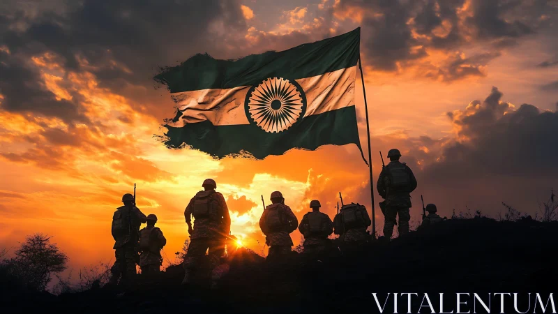 Indian soldiers silhouette under dramatic sunset flag