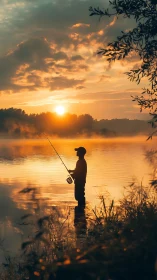 Silhouetted child angler at misty lakeshore during golden sunrise