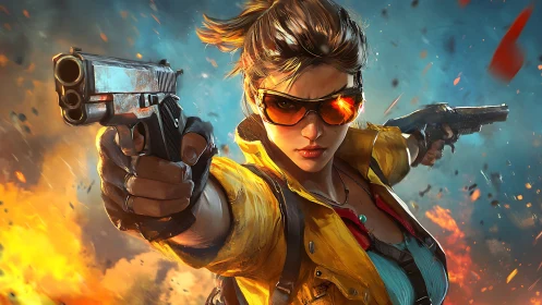 Dual-wielding action heroine in explosive cinematic standoff