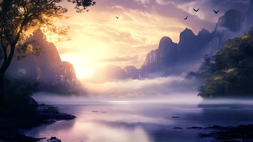 Sunrise mist floods tranquil mountain lake horizon.