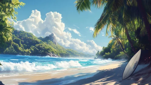 Tropical surf shoreline with palm canopy and cumulus cloudforms.