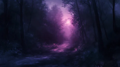 Enchanted forest path under luminous violet twilight glow.