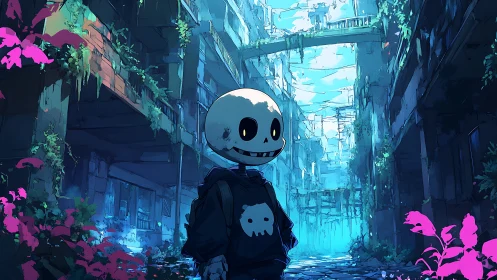 Skeletal hoodie character explores overgrown neon-lit ruined alleyway