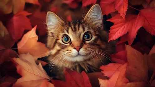 Tabby Cat Among Crimson Autumn Foliage.