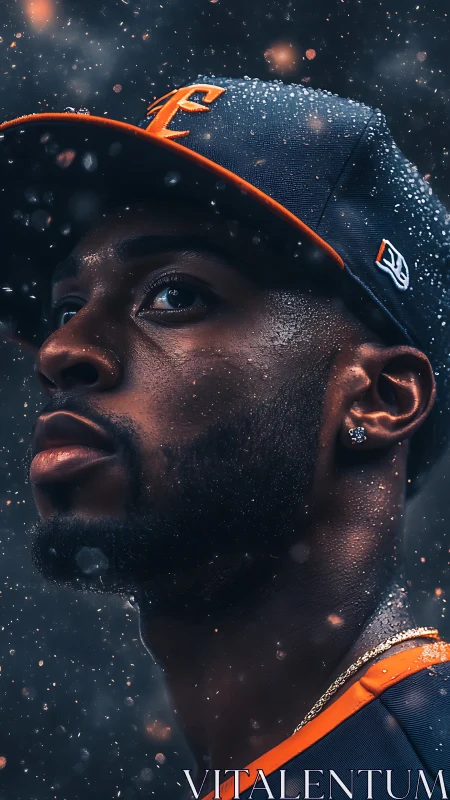 Confident baseball player gazes upward through glowing rain