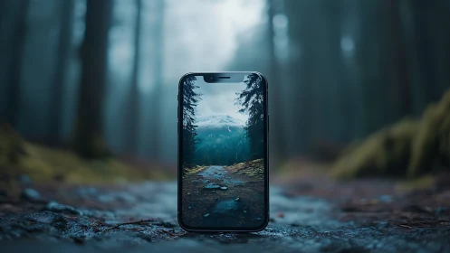 Smartphone displaying mountain landscape view on forest ground.