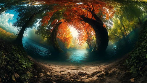 Immersive riverside grove bends into luminous panoramic sphere