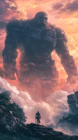 Solitary armored figure observing colossal stone entity.