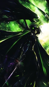 Dark winged anime warrior in toxic green light storm.