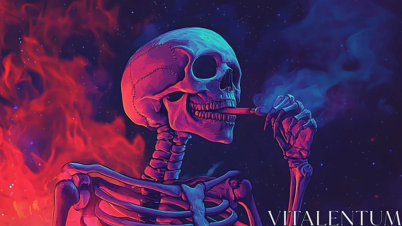 Neon skeleton smokes calmly between fire and cosmos.