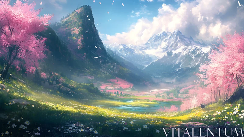 Mountain valley landscape shows pink blossom trees and snow peaks