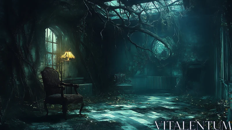 Moody abandoned parlor gently reclaimed by tangled nature.