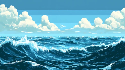 Pixel waves tumble under candy clouds in electric blue