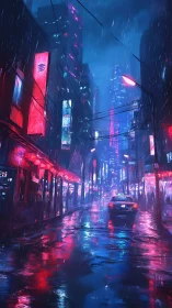 Rain-soaked neon street with taxi in dense urban district.