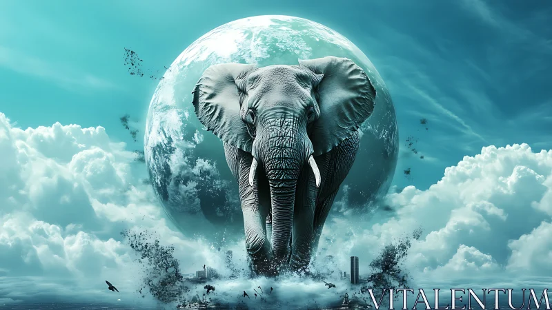 Monumental elephant silhouette intersects planetary sphere in clouds