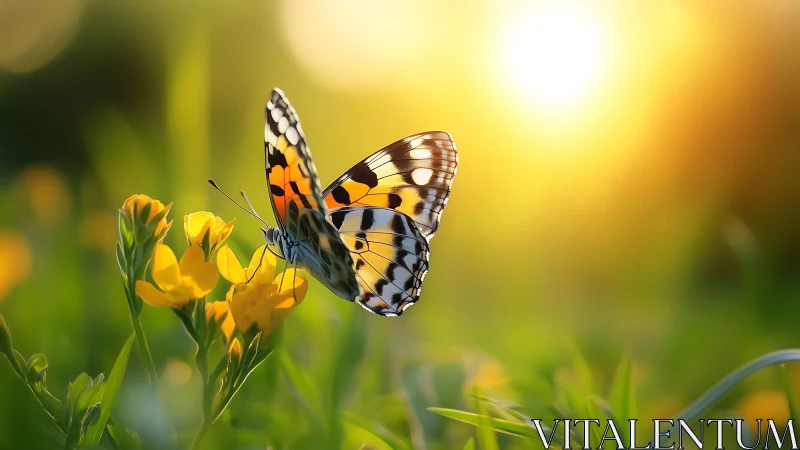 Macro profile of painted lady butterfly on yellow wildflower