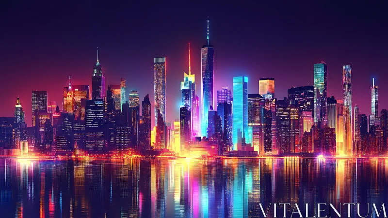 Neon lit futuristic city skyline reflected on calm water.