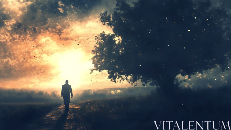 Solitary figure on path toward bright horizon at dusk.