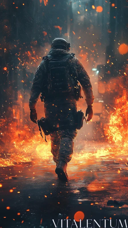 Armored soldier advances through corridor of scattered flames