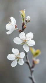 Macro study of white blossom spray on muted bokeh ground.