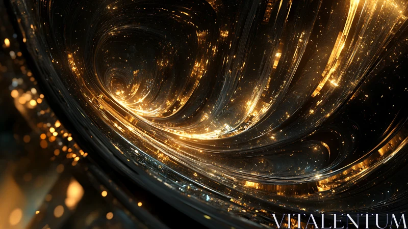 Golden light vortex curves through dark reflective tunnel