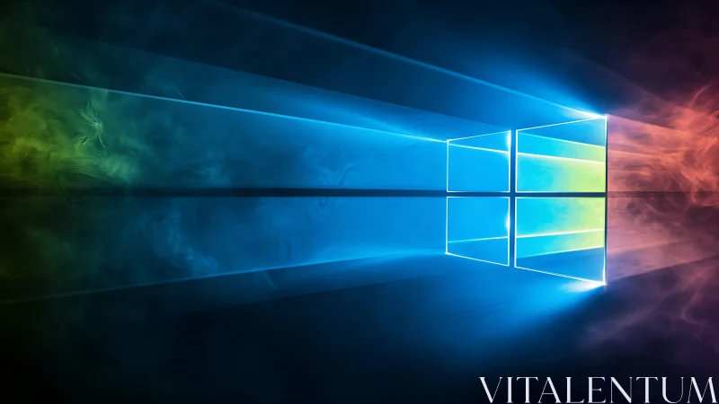 Colorful glowing window logo on dark reflective surface.