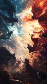 Clashing angelic armies divide the sky in fiery battle.