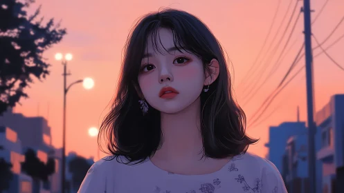 Sunset city street frames a contemplative anime girl portrait.