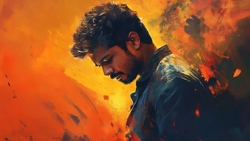 Melancholic man in profile amid vivid orange brushstrokes.