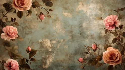Vintage roses on distressed teal textured background.