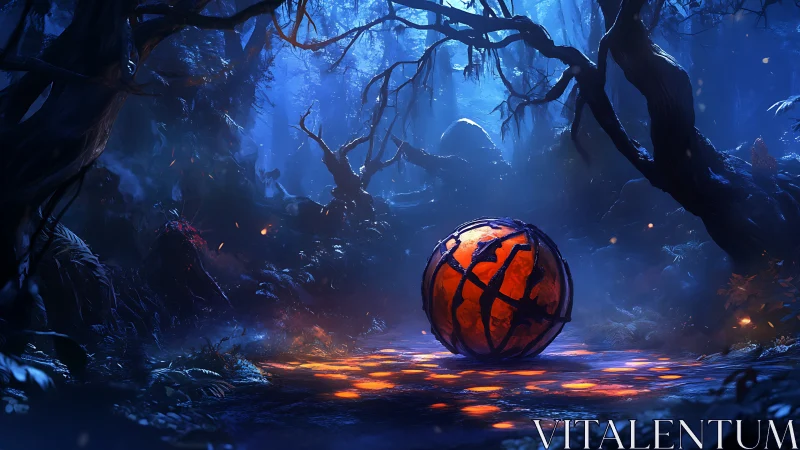 Glowing orange sphere rests on illuminated forest ground