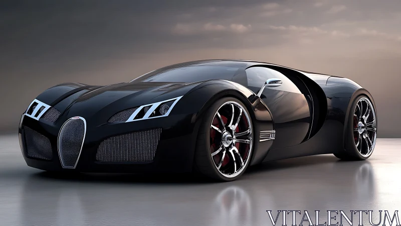 Black futuristic supercar concept on reflective surface.