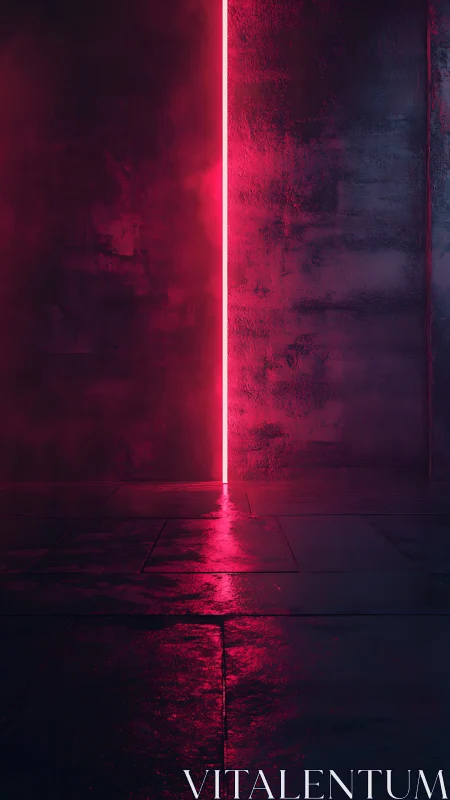 Neon magenta light slices through a dark, wet corridor.