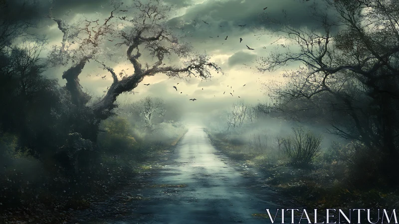 Misty forest road inviting a quiet walk into the unknown.