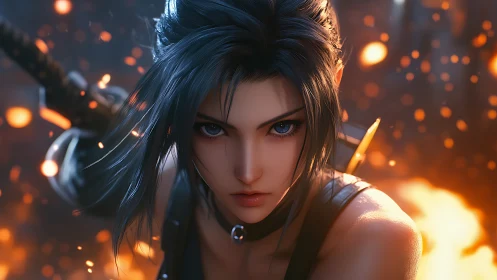 Sword-bearing female fighter amid embers and warm light.