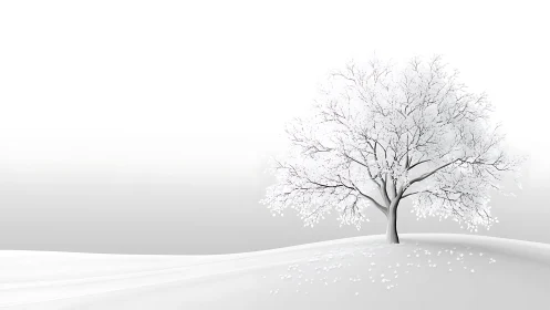 Minimalist white tree on snow-covered rolling hillside. Period.