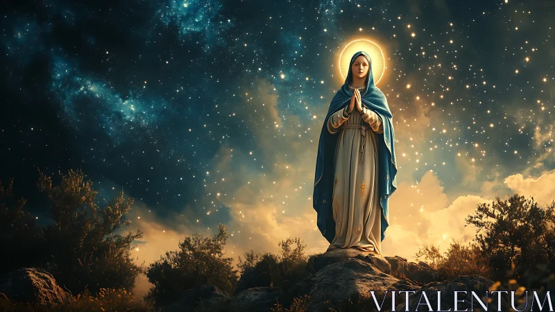 Sacred robed figure under celestial night sky glow.