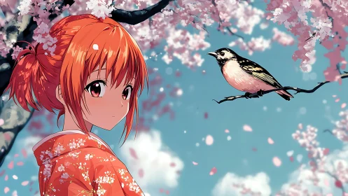 Cherry blossom confidences between girl and tiny songbird.
