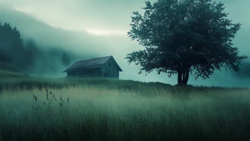 Fog-laden meadow cabin and solitary tree in diffuse dawn light.