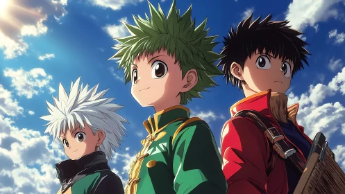 Brave young friends gaze ahead under a bright open sky.