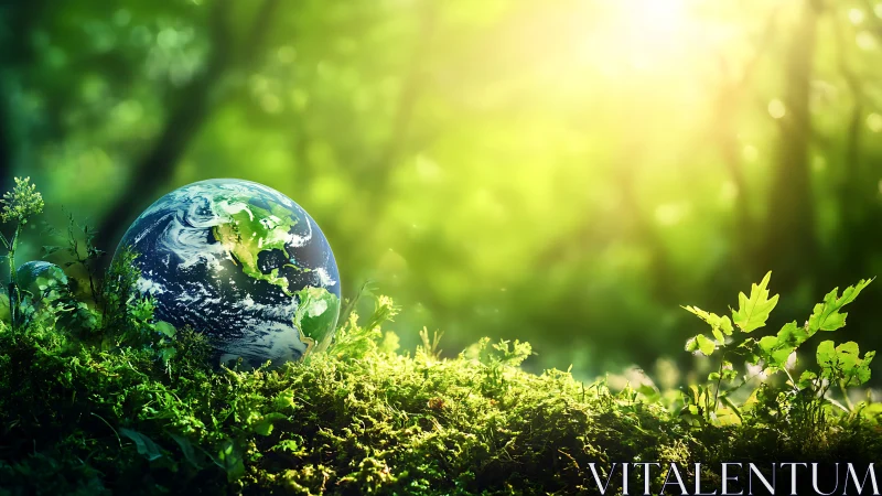 Earth resting on lush moss in vibrant green forest, sunlight streaming.