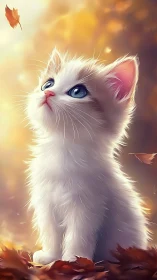 Luminous White Kitten Portrait with Violet Eyes and Autumn Bokeh.