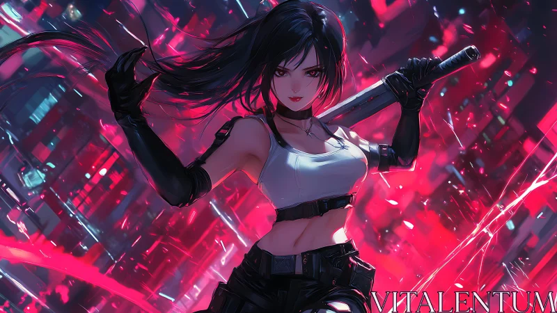 Female combatant with sword in neon urban environment.