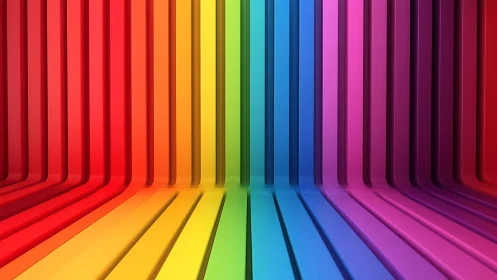 Rainbow panels form immersive geometric corridor space.