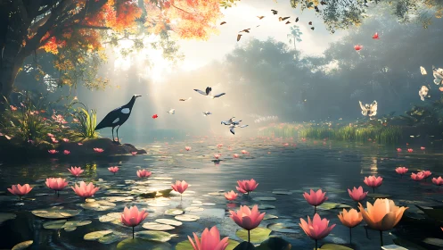 Gentle crane watches a sunlit lily pond glow with soft magic